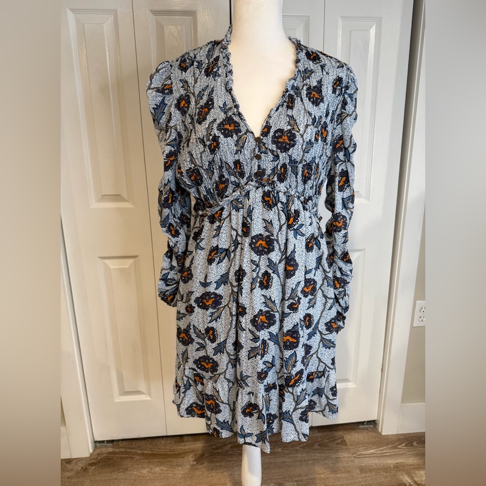 Anthropologie Blue Floral Smocked Mini Dress, Size L Worn on TV - Picture 10 of 16